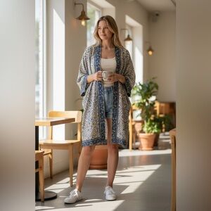 Max Studio Floral Kimono Cardigan Blue Boho Open Front Duster Large